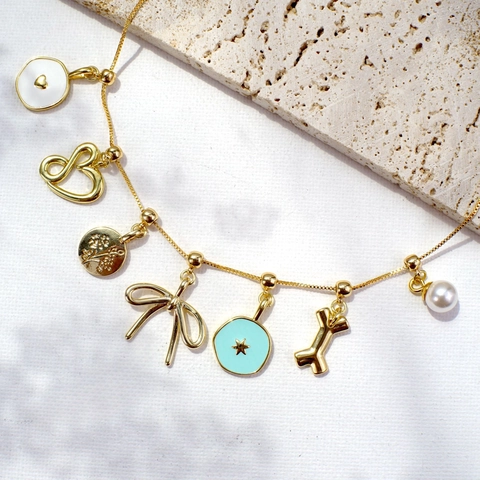 Multi Charm Necklace Bracelet Copper Gold Plated Enamel Bow Heart Dog Bone Faux Artificial Pearl Adjustable Jewelry For Women