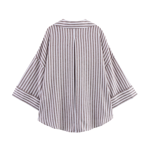 Women Linen Blend Blouse V Neck Three Quarter Sleeve Striped Solid Color Loose Casual Button Up Shirt Daily Top