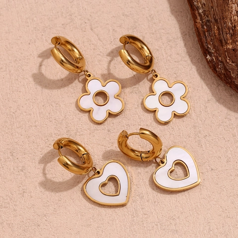 Fashion Stainless Steel 18K Gold Plated Hoop Earrings For Women Heart Flower Mother Of Pearl Shell Pendant Dangle Earrings Jewelry