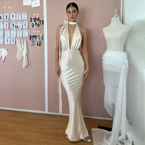 Sexy Satin Maxi Dress Deep V Neck Halter Backless Flower Decor Evening Party Long Gown Women