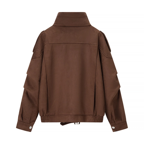 Women Suede Jacket Stand Collar Belted Decoration Loose Zip Up Baseball Uniform Autumn Winter Outwear Solid Color Fashion Coat