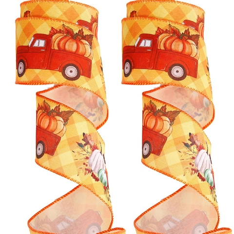 Halloween Thanksgiving Faux Linen Wired Ribbon Pumpkin Maple Leaf Truck Print Fall Harvest Party Decor DIY Bows
