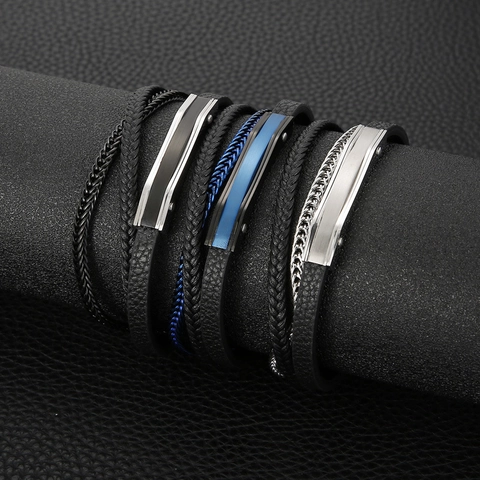 Bracciale Multistrato In Pelle Intrecciata Da Uomo Con Catena In Acciaio Inossidabile E Chiusura Magnetica Gioielli