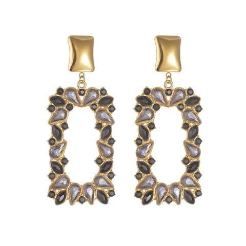 Luxury Stainless Steel Square Pendant Earrings For Women Vintage Hollow Geometric Rhinestone Inlaid Drop Earrings Party Jewelry