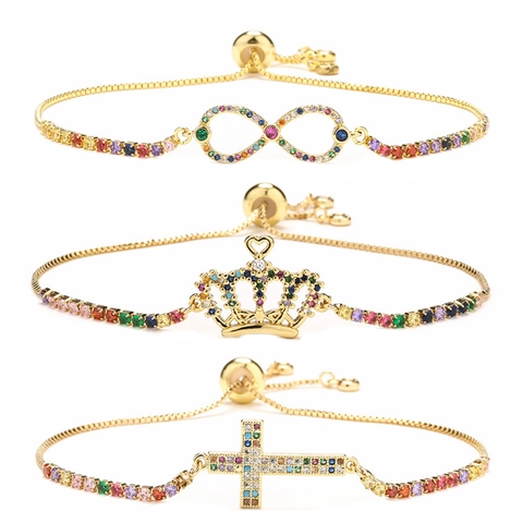 Braccialetto Regolabile in Rame con Strass per Donna Placcato Oro Colorato Infinito Corona Croce Ciondolo Bracciale Gioielli