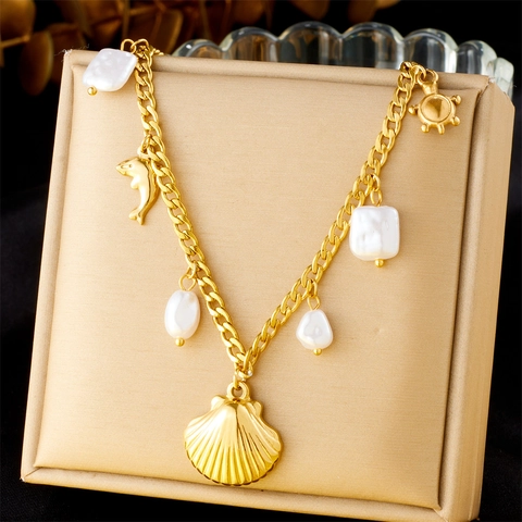 Stainless Steel Gold Plated Ocean Theme Pendant Necklace Shell Dolphin Turtle Irregular Artificial Baroque Pearls Women Beach Style