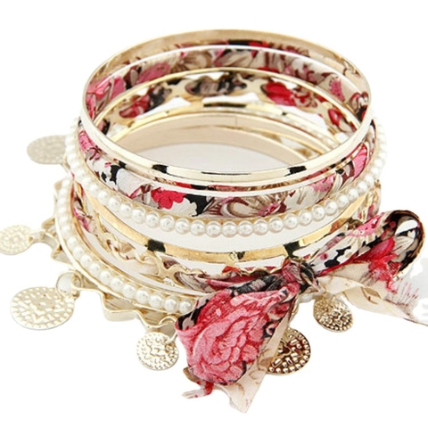 Multi Layer Bracelet Alloy Imitation Artificial Pearl Floral Fabric Bow Coin Charm Bohemian Romantic Jewelry For Women