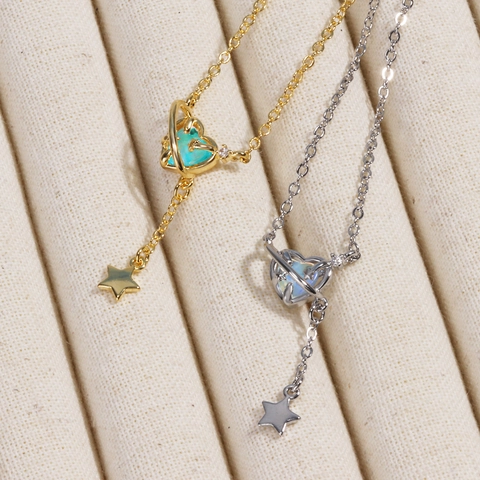 Collar Con Colgante De Corazón Planeta Latón Piedra Iridiscente Amuleto Estrella Borla Cadena De Clavícula Mujer Joyería