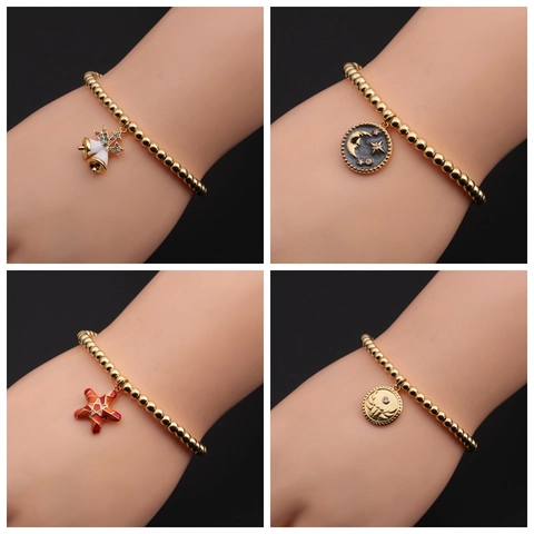 Copper Zircon Beaded Bracelet With Enamel Bell Starfish Moon Charms Elastic Adjustable Jewelry For Women Christmas Gift Boho