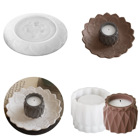 Plateaux En Forme De Lotus Et Moules En Silicone Pour Tasses De Bougies Diamant Géométriques Pour Moulage De Résine DIY Plâtre Cire
