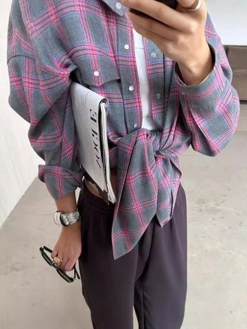 Women Plaid Blouse Long Sleeve Button Down Shirt Polyester Cotton Vintage Loose Casual Lapel With Pockets