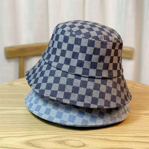Checkerboard Muster Bucket Hat Für Damen Breite Krempe Baumwolle Denim Fischerhut Japanischer Stil Lässige Streetwear