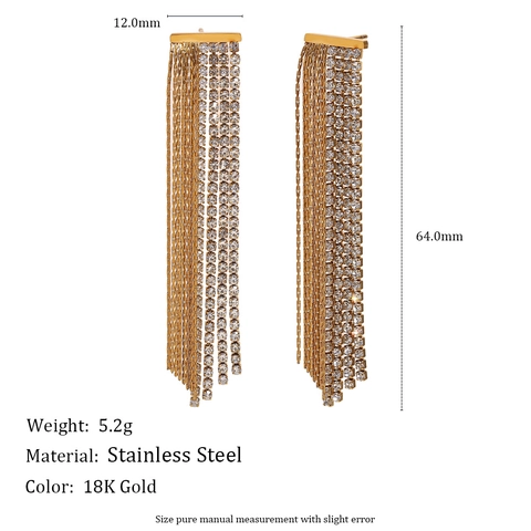 Lange Ketting Franje Kwastje Oorknopjes 18K Verguld Roestvrij Staal Zirkonia Geometrische Statement Sieraden Vrouwen