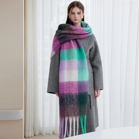 Dames Winter Dikke Warme Geruite Sjaal Met Kwastjes Gradiënt Kleurrijke Grote Sjaal Zacht Polyester Pashmina Stijl Sjaal Voor Dames