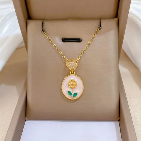 Sunflower Pendant Necklace Stainless Steel Chain Copper Enamel Medallion Zircon Heart Connector Elegant Floral For Women