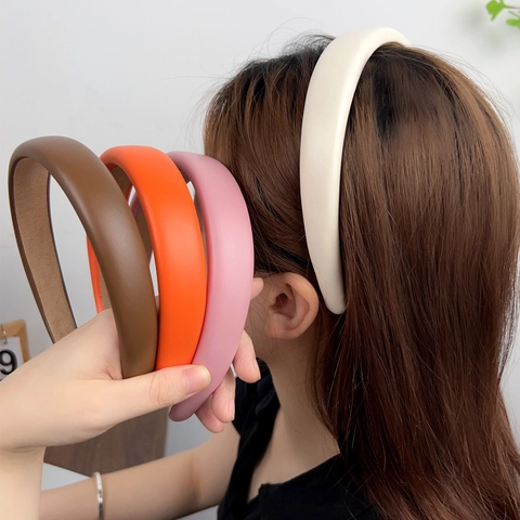 Solid Color PU Leather Thickened Sponge Headband Wide Edge Retro Anti-Slip Hair Band For Women Korean Style Accessory