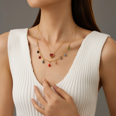 Heart Pendant Necklace Gold Plated Stainless Steel Colorful Teardrop Zircon Double Layer Chain Fashion Jewelry For Women