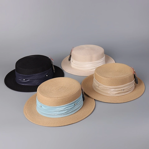 Boater Hoed Voor Dames Geweven Papierstro Zonnehoed Platte Kroon Brede Rand Met Lint Klinknagel Detail Ademend Zomer Strand