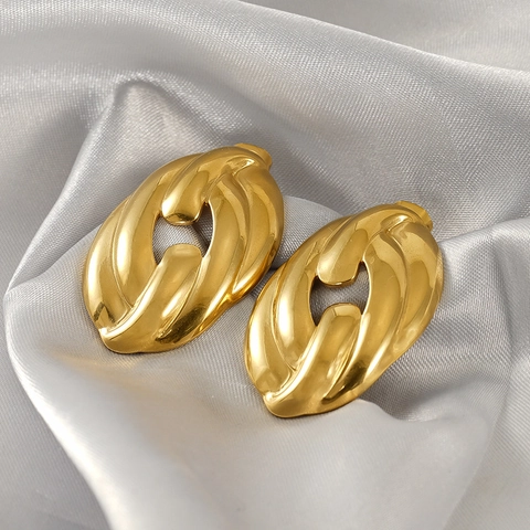 Boucles D'oreilles Vintage En Acier Inoxydable Plaqué Or 18K Pour Femmes Clous Géométriques Ovales Torsadés Évidés