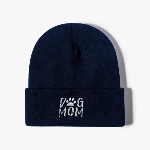 Gorro De Punto Acrílico Bordado Dog Mom Huella De Pata Con Vuelta Cálido Color Sólido Invierno Casual
