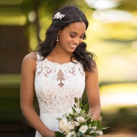 Abito Da Sposa Senza Maniche In Pizzo E Chiffon Con Scollo A V Schiena Strascico E Spacco Laterale Per Donne