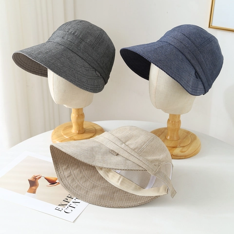 Women Wide Brim Sun Hat Cotton Linen UV Protection Foldable Adjustable Summer Beach Bucket Hat Solid Color Elegant Minimalist