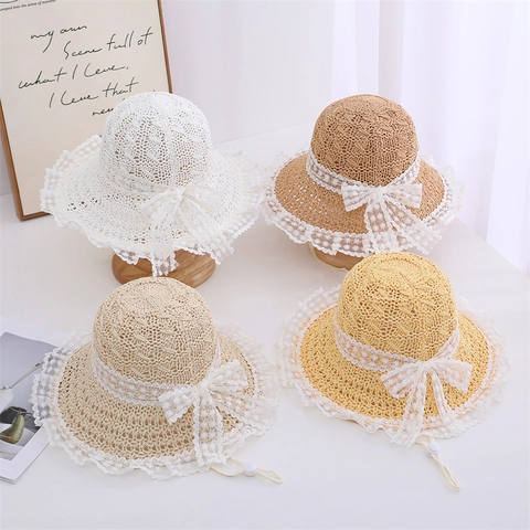 Cappello Di Paglia Estivo Ragazze Traspirante Bordo Pizzo Grande Fiocco Dolce Spiaggia Vacanza Accessorio Bambini Corda Antivento