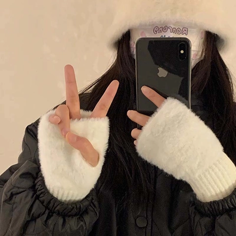 Women's Winter Warm Plush Half Finger Gloves Acrylic Knit Fingerless Mittens Ribbed Cuff Daily Writing Office Hand Warmers