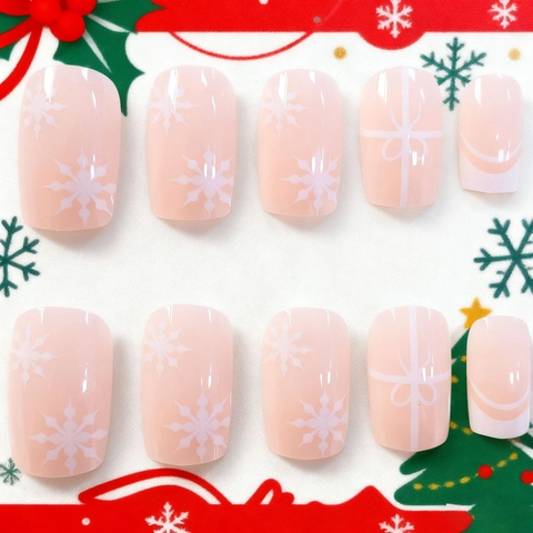 Uñas Postizas De Navidad ABS Copo De Nieve Lazo Estilo Francés Cuadradas Largas Manicura Festiva Elegante Para Mujeres