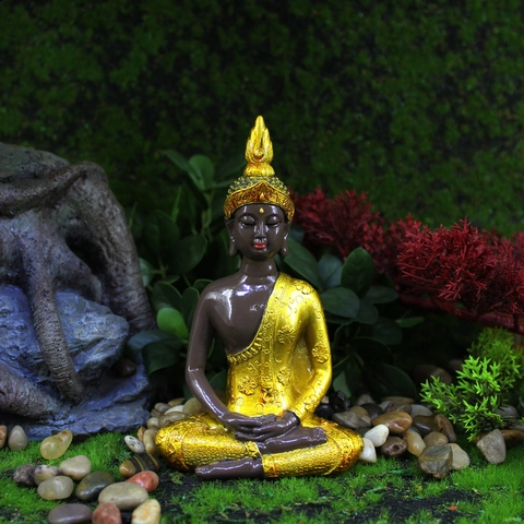 Southeast Asian Style Resin Thai Buddha Statue Gold Robe Meditation Figurine Zen Desk Ornament Home Decor Spiritual Sculpture