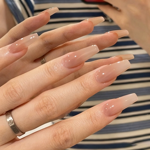 Uñas Postizas Press On Coffin Largas Degradado Rosa Nude Acabado Jelly Brillante ABS Manicura Estilo Elegante