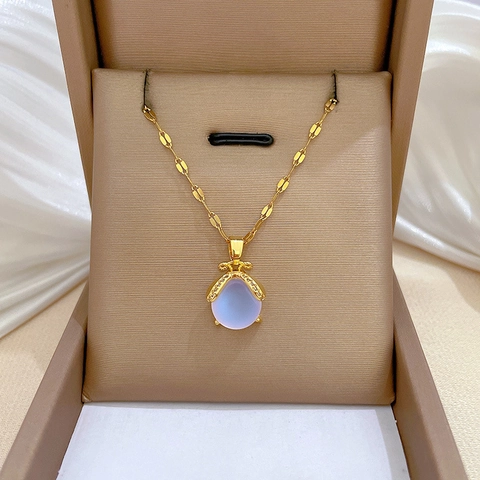 Goudkleurige Titanium Stalen Ketting Met Koperen Maansteen Hanger En Micro Ingelegde Strass Steentjes Voor Dames Ins Stijl