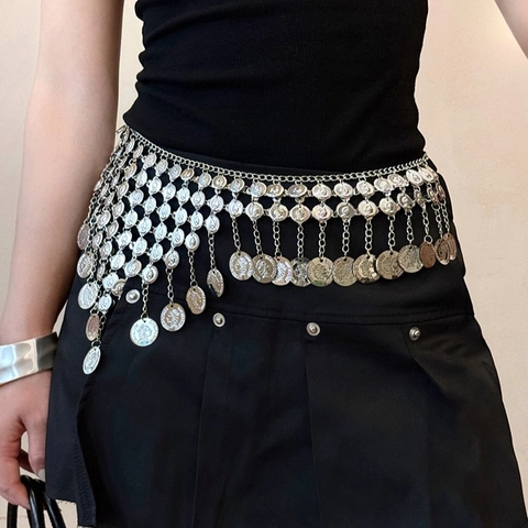 Chaîne De Taille À Pendentifs Pièces Métalliques Ronde Rétro Bohème Multi Couches Cloche Pompon Bijoux De Corps Femme