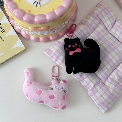 Porte-Clés Chat En Peluche Mignon Petit Chaton Dessin Animé Charme De Sac Avec Fermoir Mousqueton Rose Pour Filles Rose À Pois Et Nœud Noir