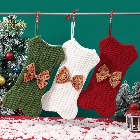 Christmas Stocking Dog Bone Shape Knitted Yarn Pet Holiday Hanging Decoration Polka Dot Bowknot Festive Home Decor