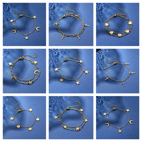 Bracciale In Acciaio Inossidabile Placcato Oro Da Donna Con Ciondoli Stella Luna Cuore Croce E Perline Colorate