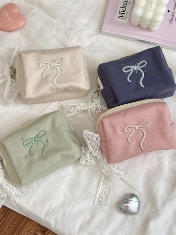 Bowknot Embroidery Canvas Makeup Bag Portable Cosmetic Pouch Large Capacity Travel Organizer With Lace Ribbon Decor