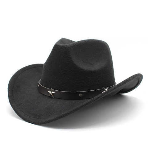 Western Cowboy Hat Woolen Felt Wide Brim Star Studded Retro Fedora Jazz Cap With Leather Band For Men Women