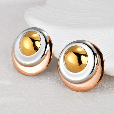 Vintage Edelstahl Dreifarbige Runde Konvexe Ohrstecker Französischer Stil Geometrische Strukturierte Ohrringe Damen Schmuck