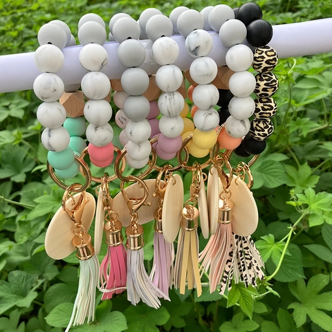Silicone Bead Bracelet Keychain Western Beaded Wristlet With Wood Sublimation Slice Leather Tassel Alloy Key Ring For Women