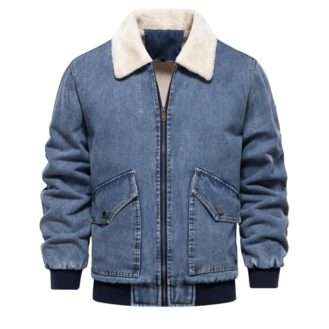 Giacca di Denim Foderata in Sherpa da Uomo Cappotto Trucker in Pile Caldo Inverno Abbigliamento in Cotone Lavato
