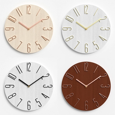 Modern Minimalist Round Wall Clock Silent Non Ticking Quartz Movement Wood Grain Pattern Decorative Timepiece