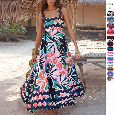 Women Floral Print Scalloped Trim Cami Maxi Dress Boho Vacation Sleeveless Square Neck High Waist Polyester Smocked Back