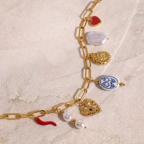 Collar De Acero Inoxidable Con Múltiples Colgantes Perla Barroca Artificial Cuenta De Cerámica Concha Corazón Chile Joyería Bohemia Vintage Para Mujer