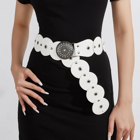 Vintage Western Kunstleren Riem Voor Dames Strass Hart Gesp Etnische Stijl Klinknagels Cirkel Splitsing Tailleriem