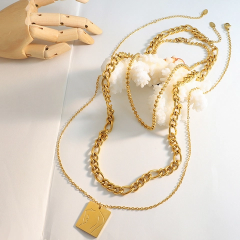 Collier Multirang Acier Inoxydable Pendentif Carré Art Abstrait Ligne De Corps Féminin Bijoux Minimalistes Pour Femmes