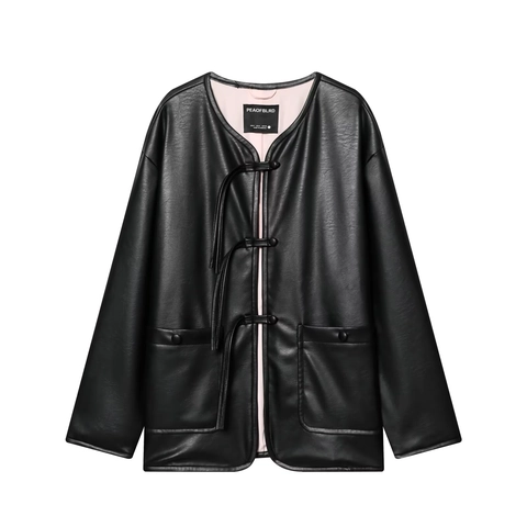 Dames PU Leren Jas Nieuwe Chinese Stijl Met Knoopsluiting Ronde Hals Lange Mouwen Jas Modieuze Bovenkleding