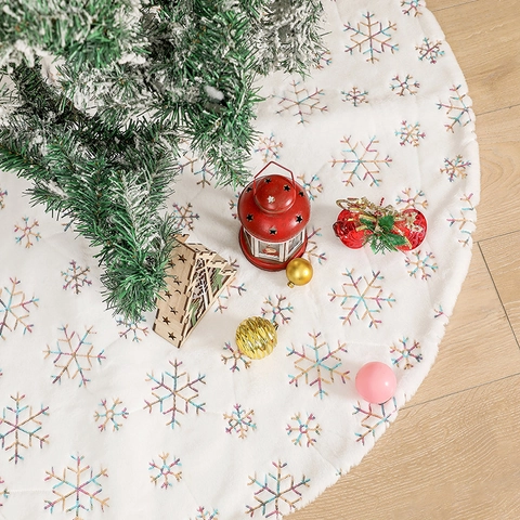 Christmas Tree Skirt White Plush With Colorful Sequin Snowflake Embroidery Holiday Home Decor