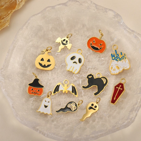 Halloween Charms Pendants Stainless Steel Enamel Pumpkin Ghost Bat Skull DIY Jewelry Making Accessories Necklaces Bracelets