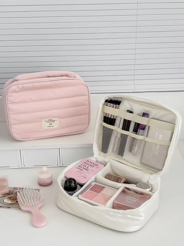 Large Capacity Quilted Makeup Bag Handheld Portable Waterproof Travel Cosmetic Organizer Multi Compartment Solid Color